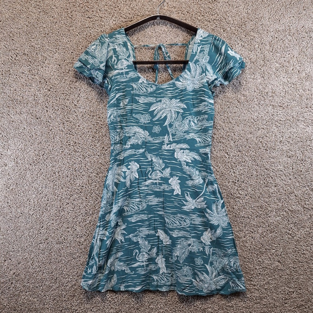 ana Dress Womens XS Blue Tropical Flamingo Palm Tree Smocked Back Flutter Sleeve